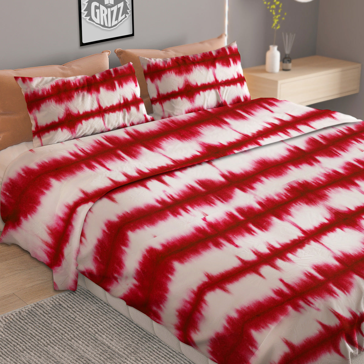 Tie Dye Red Stripe Print Pattern Duvet Cover Bedding Set