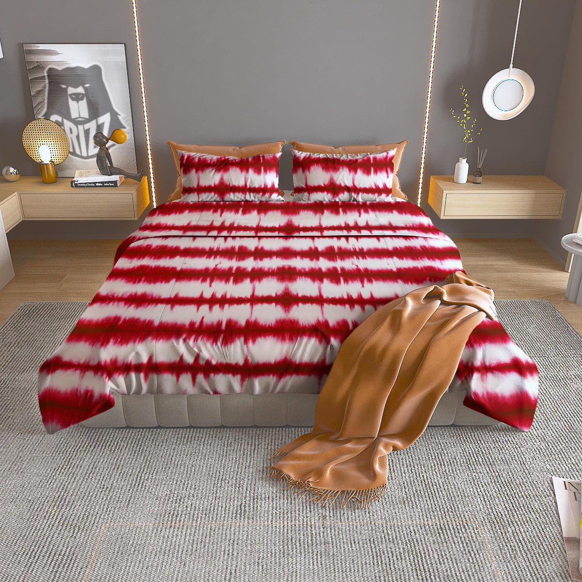 Tie Dye Red Stripe Print Pattern Duvet Cover Bedding Set