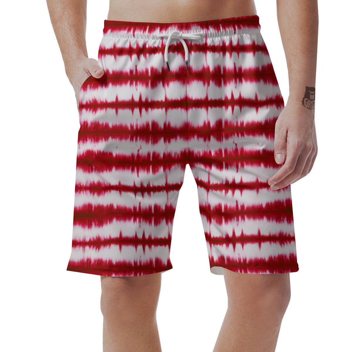 Tie Dye Red Stripe Print Pattern Men's Shorts-grizzshop