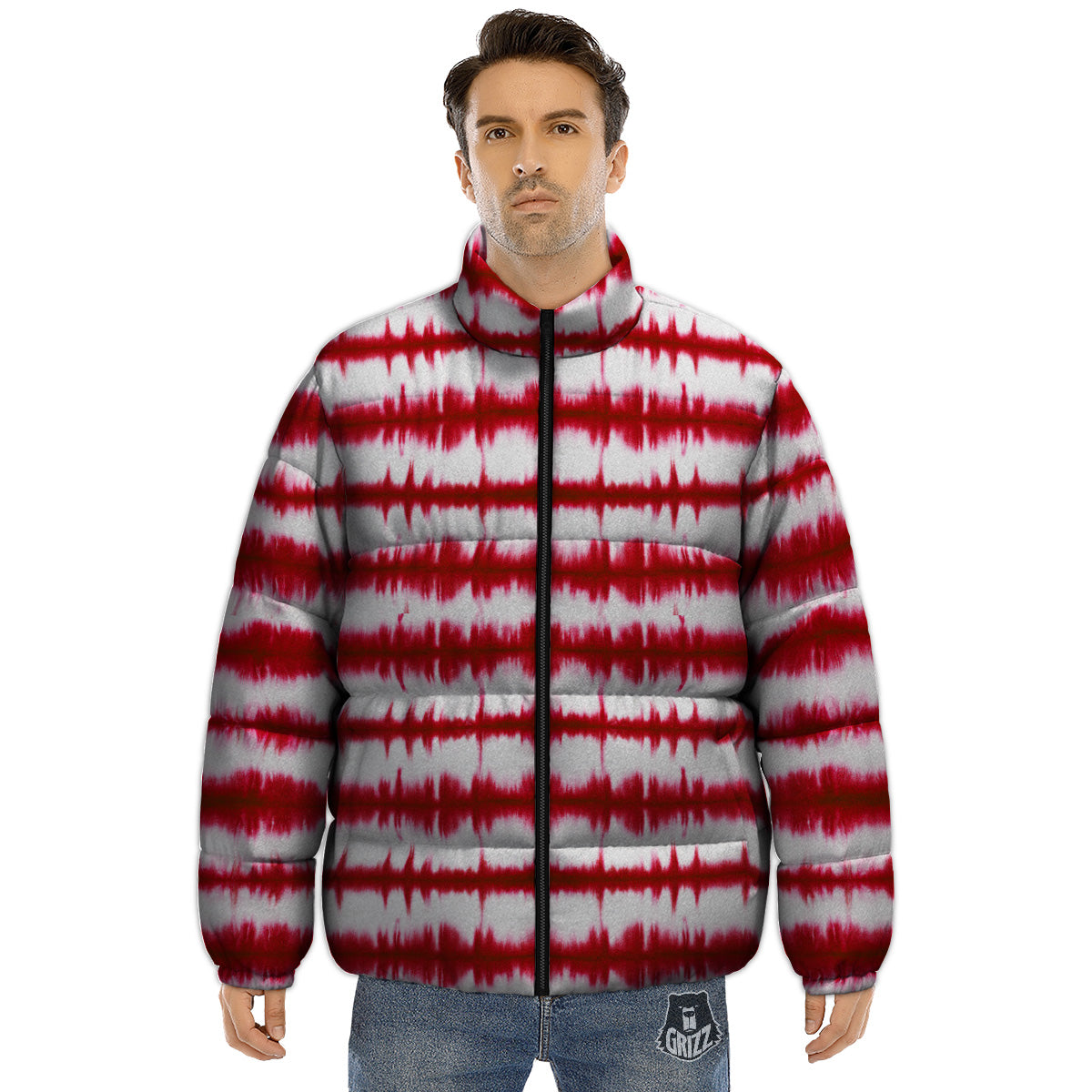 Tie Dye Red Stripe Print Pattern Puffer Jacket-grizzshop
