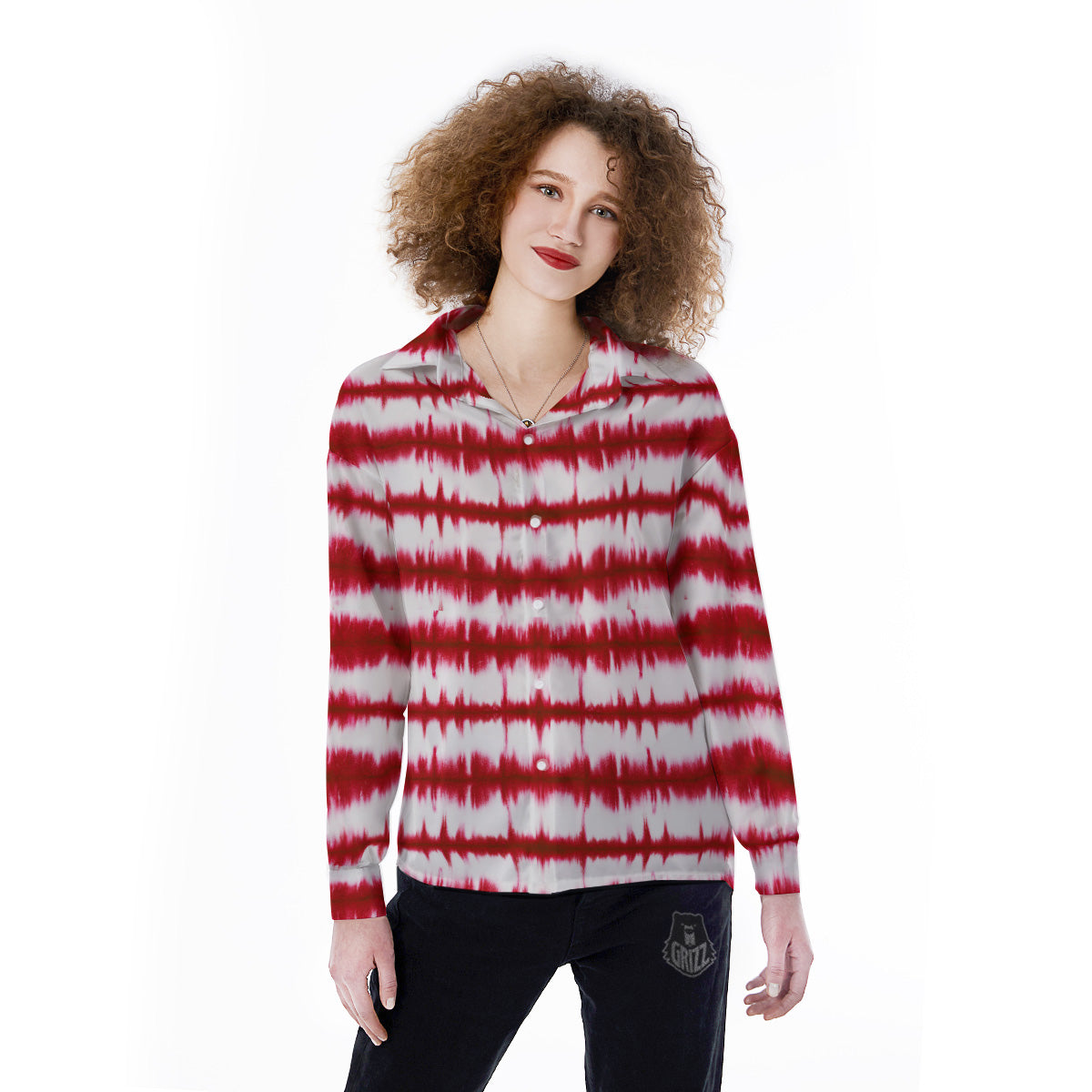Tie Dye Red Stripe Print Pattern Women's Long Sleeve Shirts-grizzshop