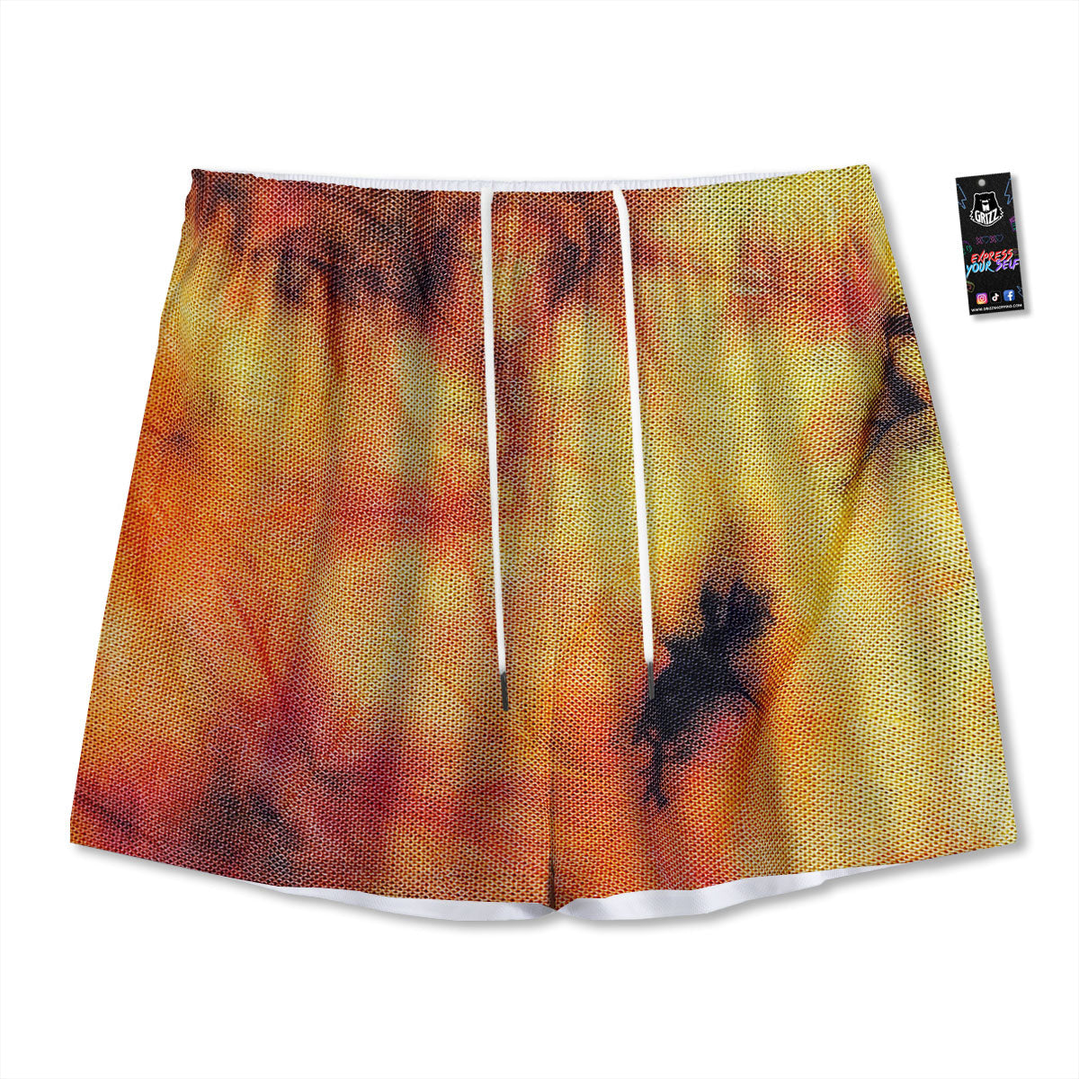 Tie Dye Red Yellow And Orange Print Mesh Shorts