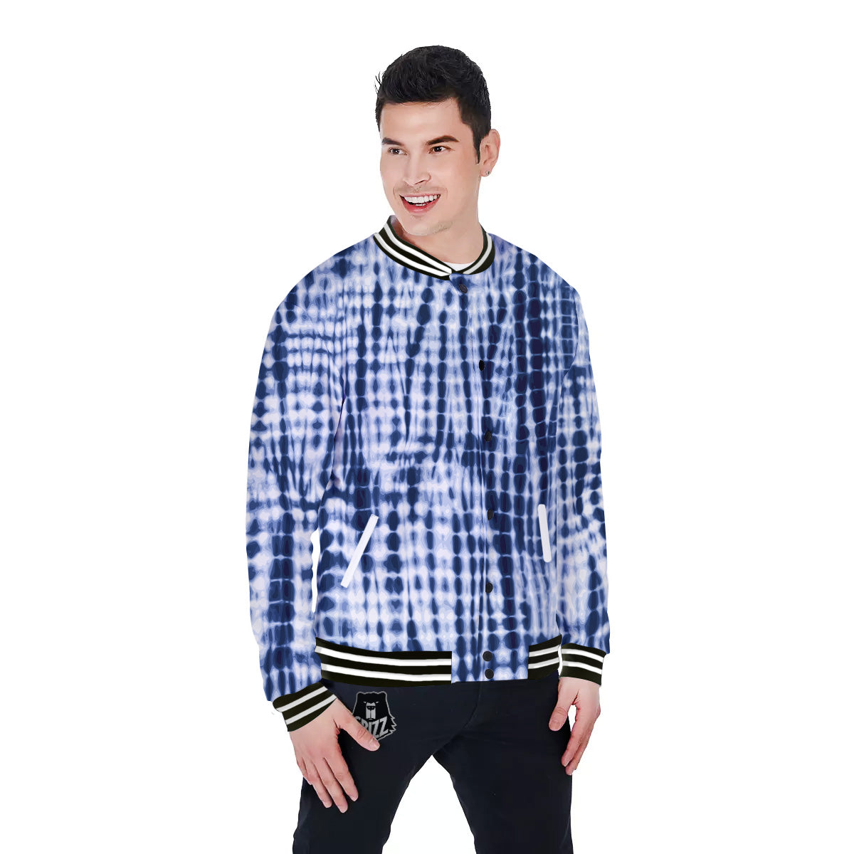 Tie Dye Shibori Blue Print Baseball Jacket-grizzshop