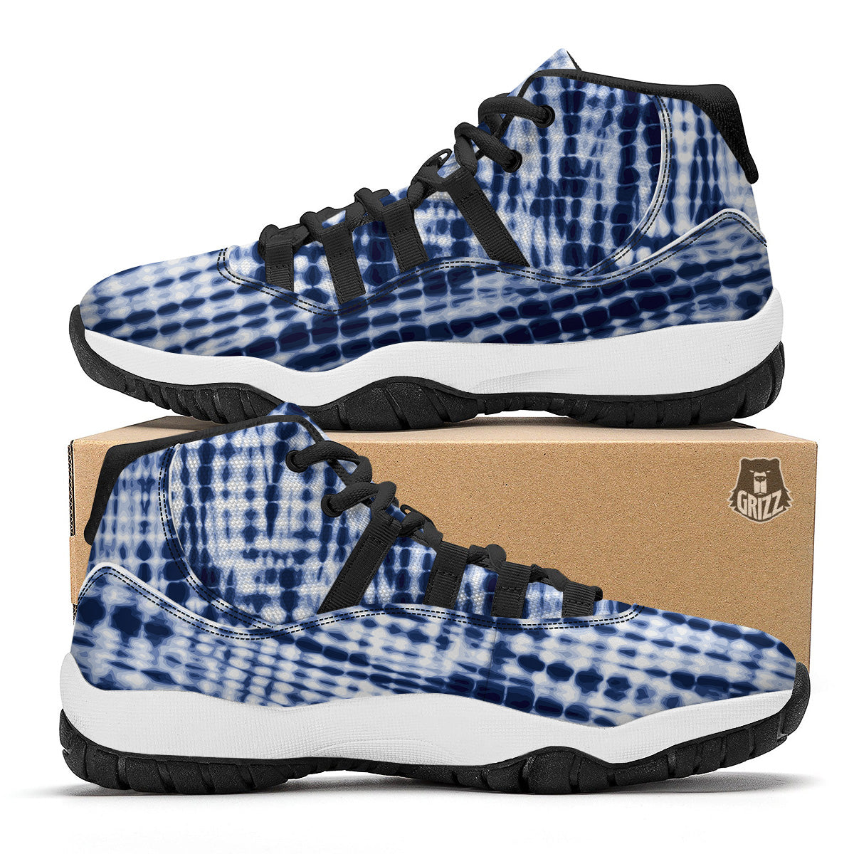 Tie Dye Shibori Blue Print Black Bball Shoes-grizzshop