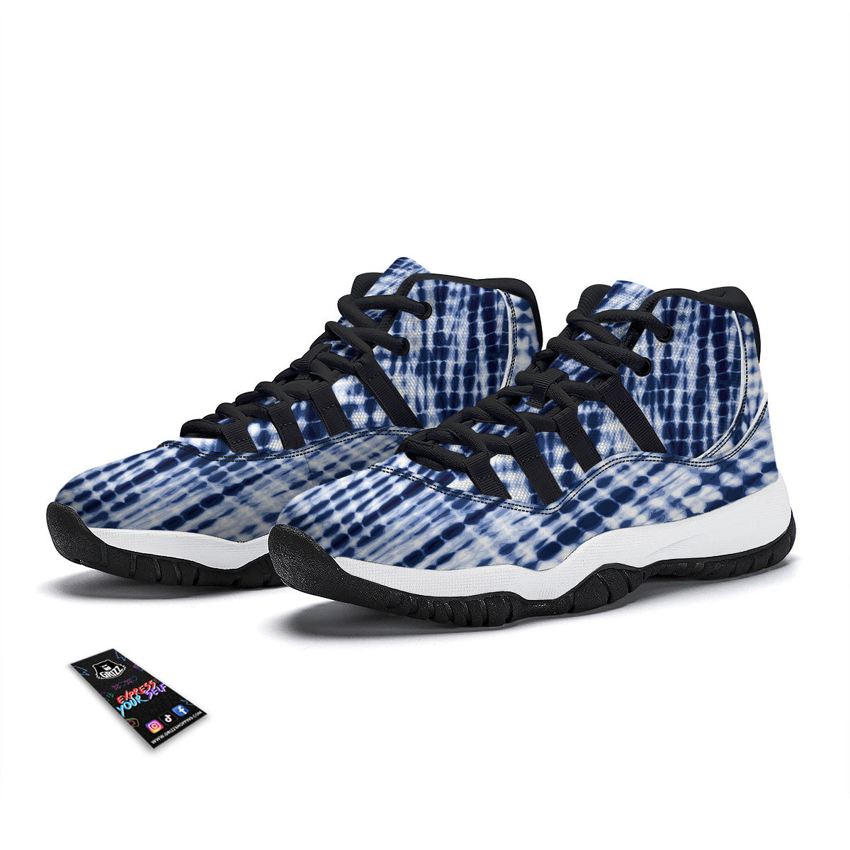 Tie Dye Shibori Blue Print Black Bball Shoes-grizzshop