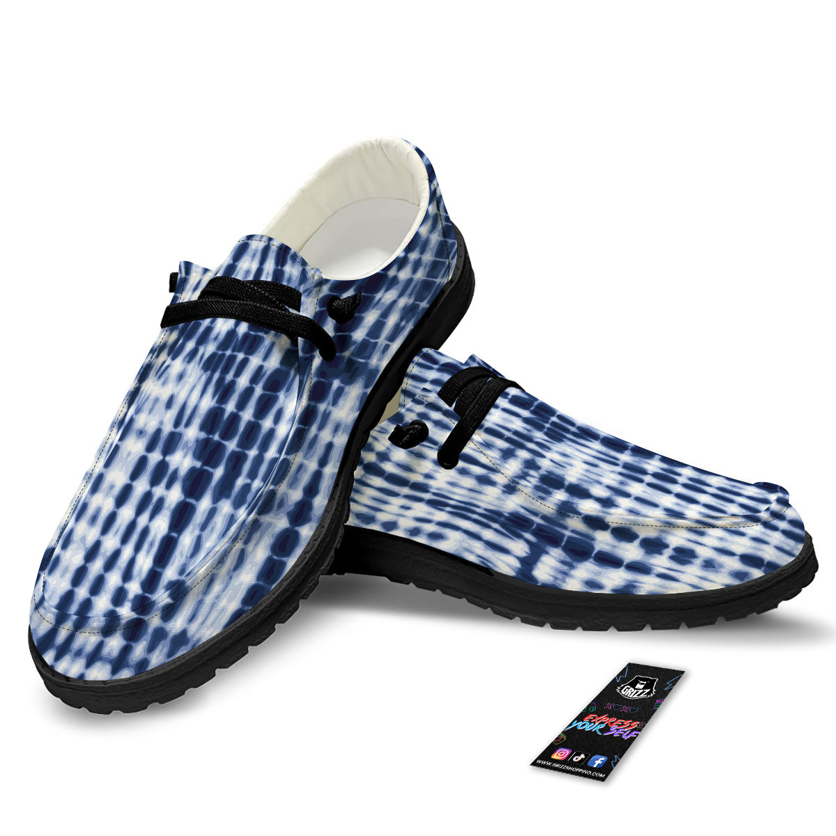 Tie Dye Shibori Blue Print Black Loafers-grizzshop