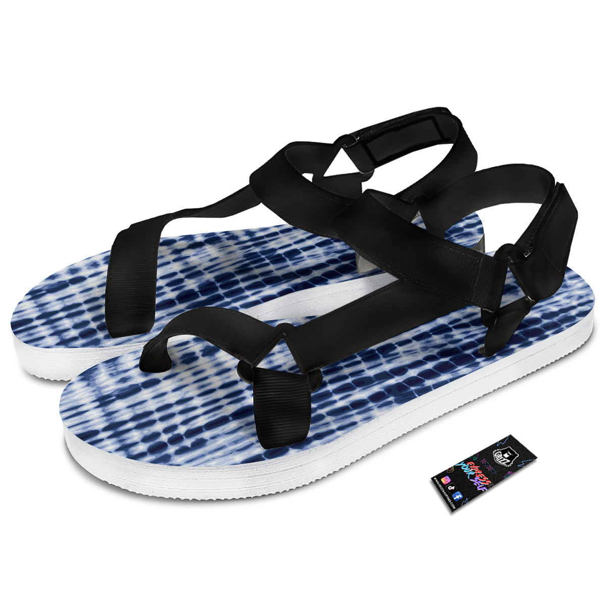 Tie Dye Shibori Blue Print Black Open Toe Sandals-grizzshop