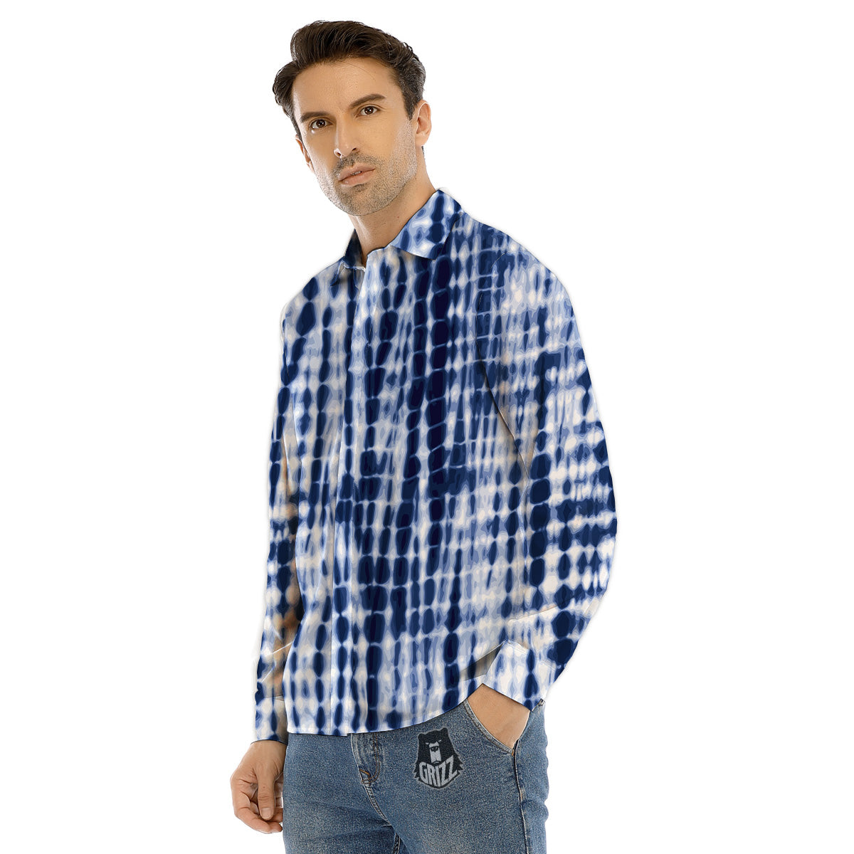 Tie Dye Shibori Blue Print Men's Dress Shirts-grizzshop