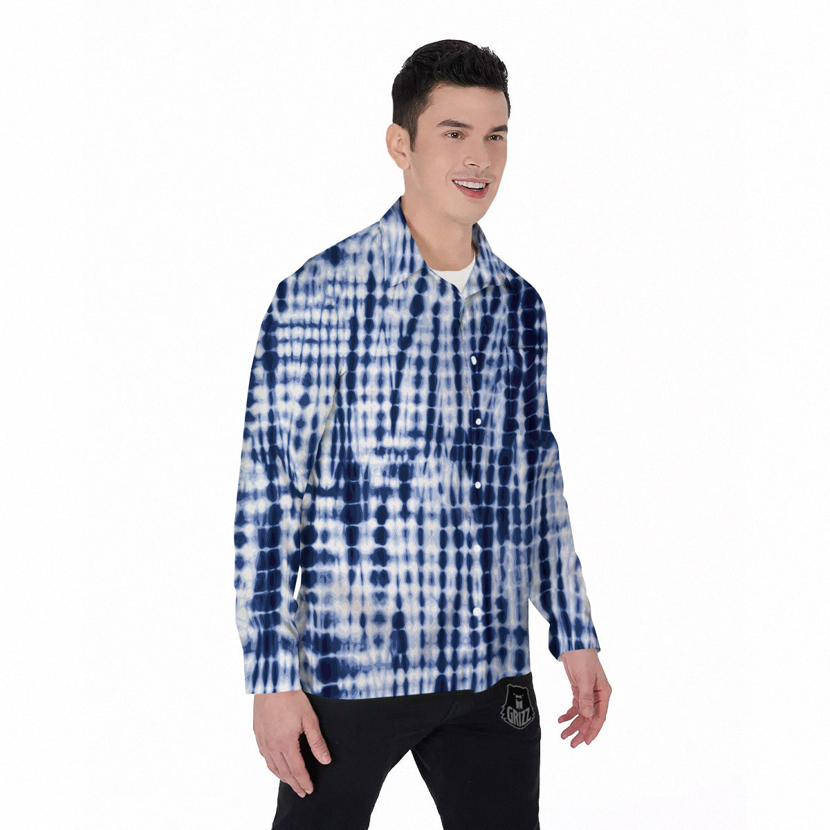 Tie Dye Shibori Blue Print Men's Long Sleeve Shirts-grizzshop