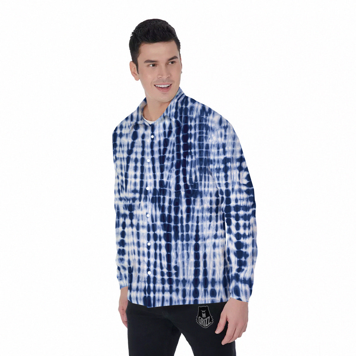 Tie Dye Shibori Blue Print Men's Long Sleeve Shirts-grizzshop
