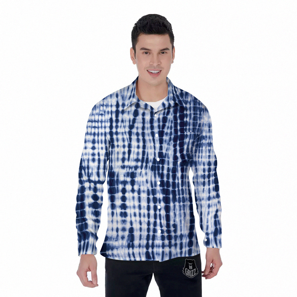 Tie Dye Shibori Blue Print Men's Long Sleeve Shirts-grizzshop