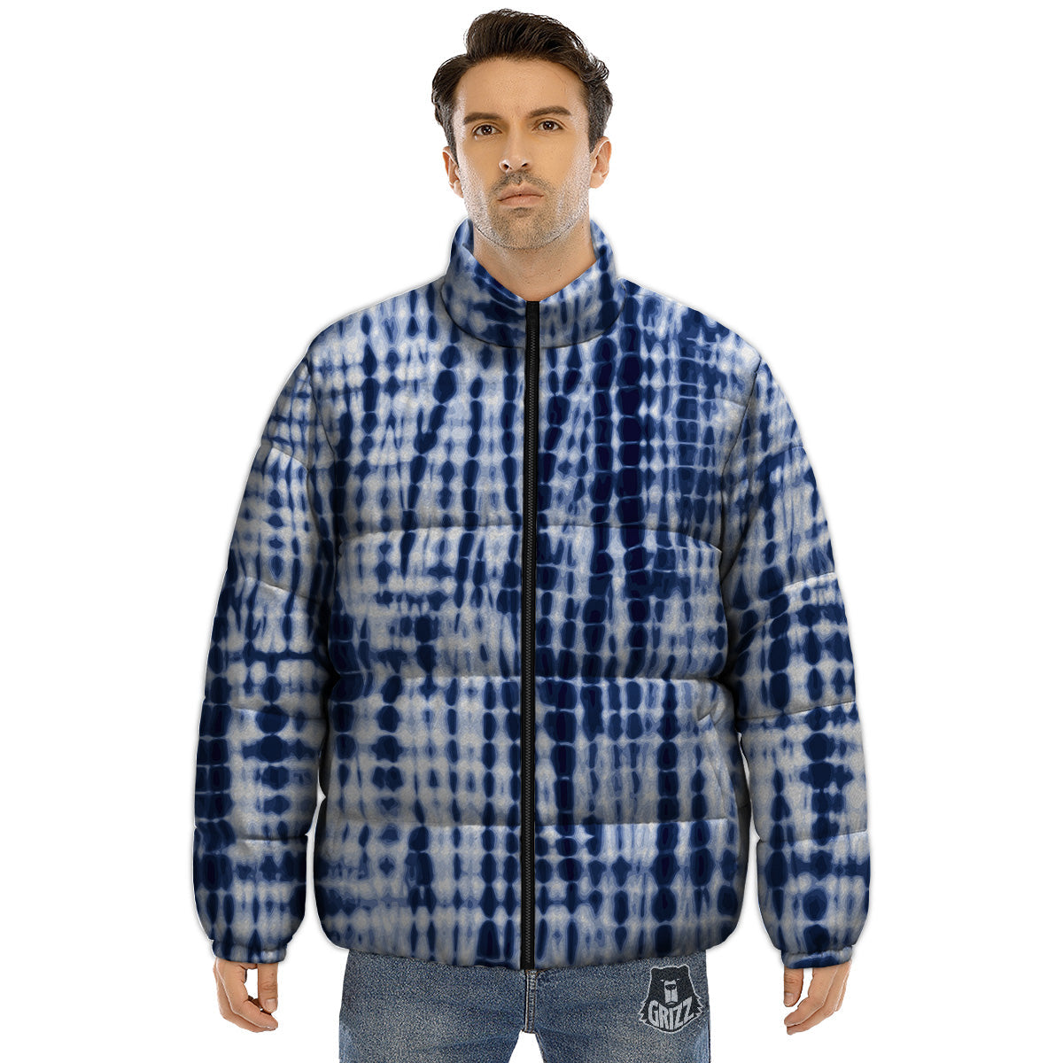 Tie Dye Shibori Blue Print Puffer Jacket-grizzshop