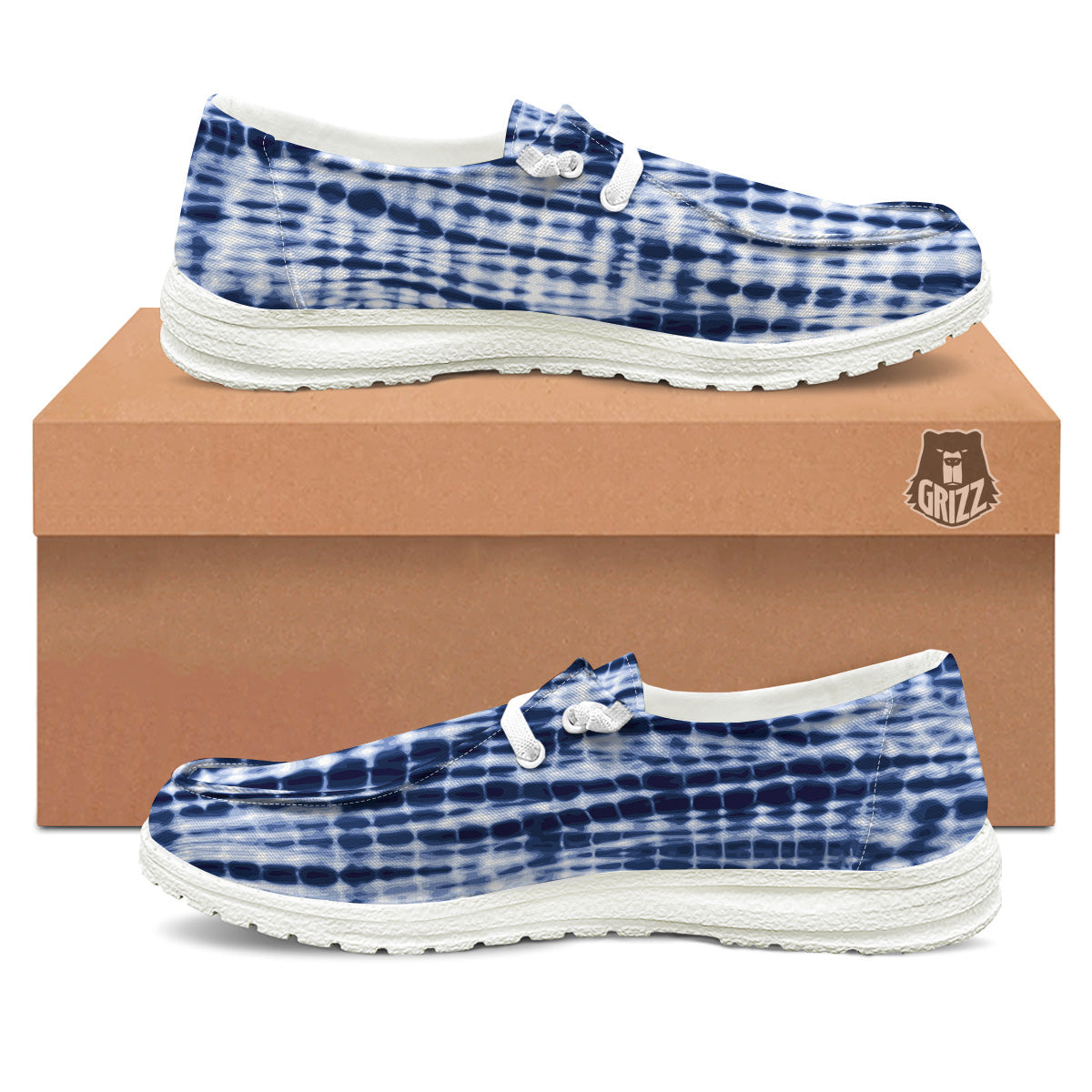 Tie Dye Shibori Blue Print White Loafers-grizzshop