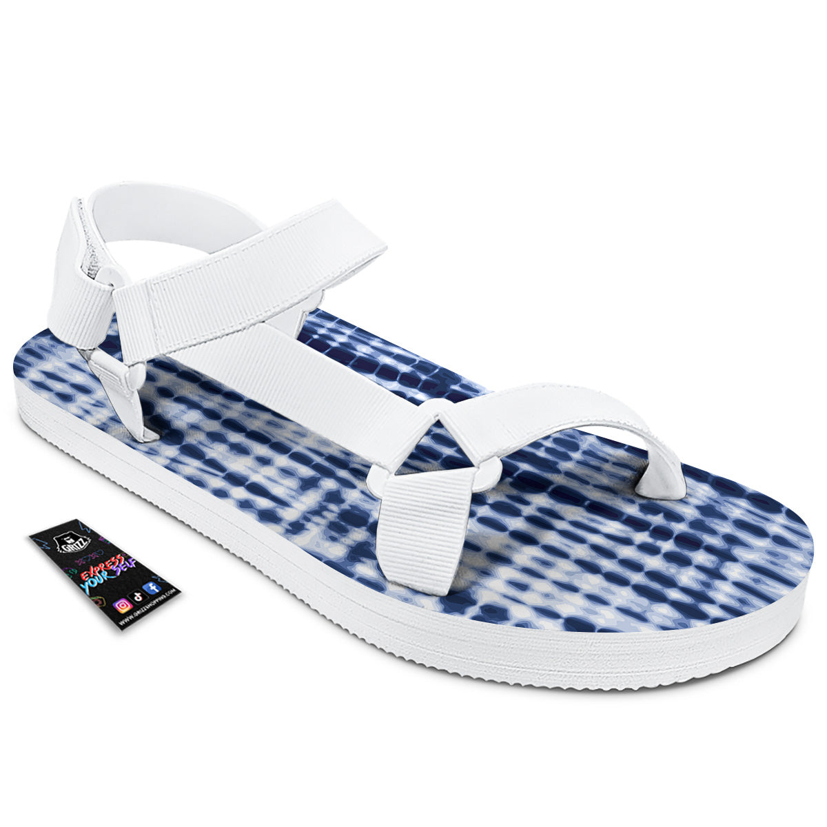 Tie Dye Shibori Blue Print White Open Toe Sandals-grizzshop