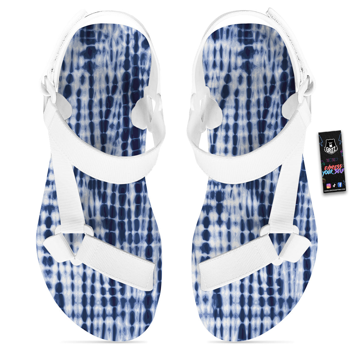 Tie Dye Shibori Blue Print White Open Toe Sandals-grizzshop