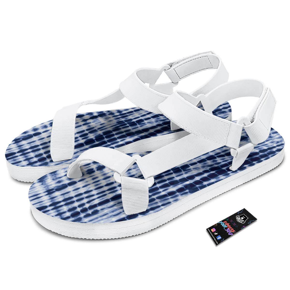 Tie Dye Shibori Blue Print White Open Toe Sandals-grizzshop