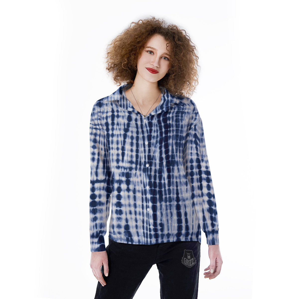 Tie Dye Shibori Blue Print Women's Long Sleeve Shirts-grizzshop