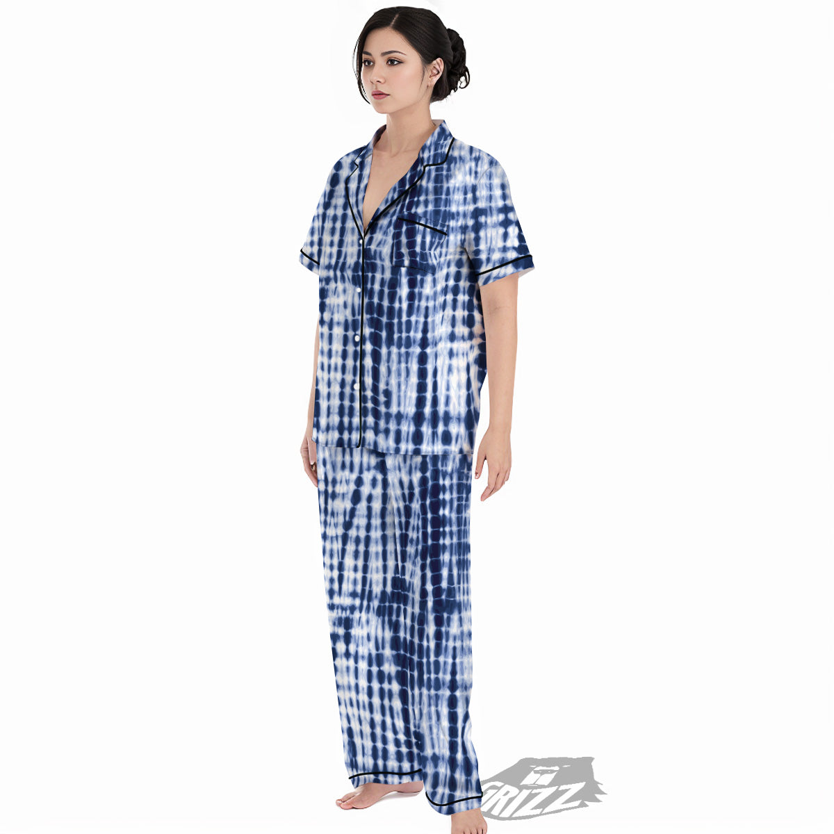 Tie Dye Shibori Blue Print Women's Pajamas Set-grizzshop