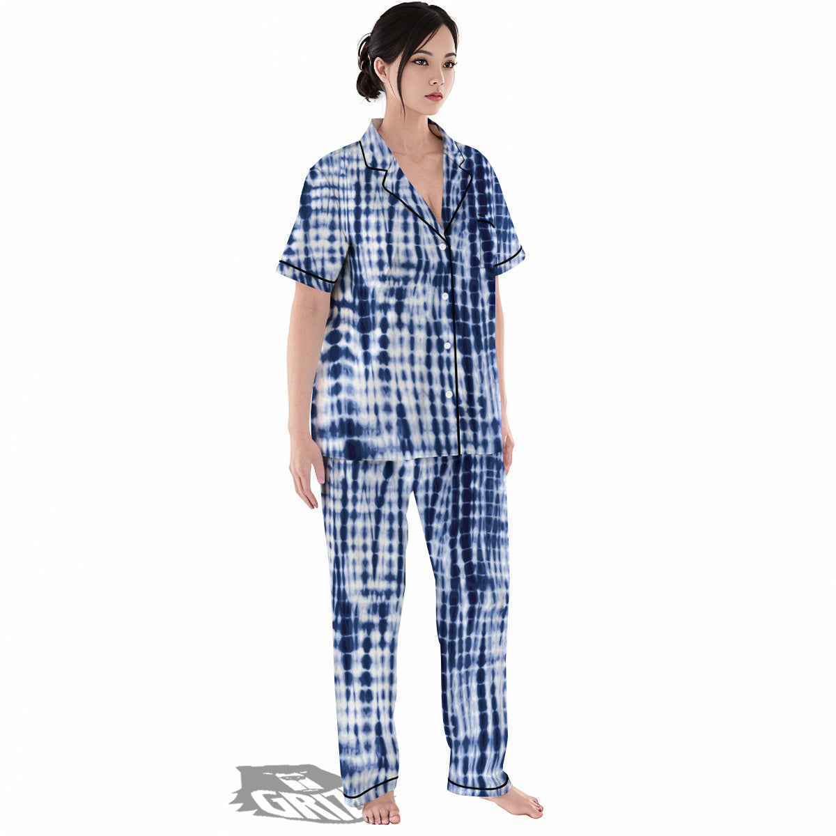 Tie Dye Shibori Blue Print Women's Pajamas Set-grizzshop