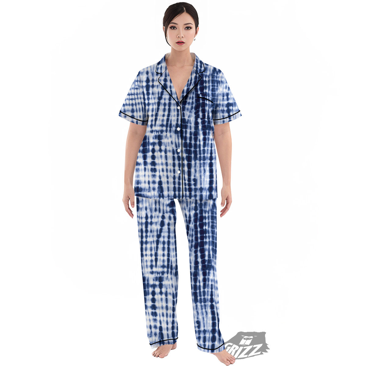 Tie Dye Shibori Blue Print Women's Pajamas Set-grizzshop