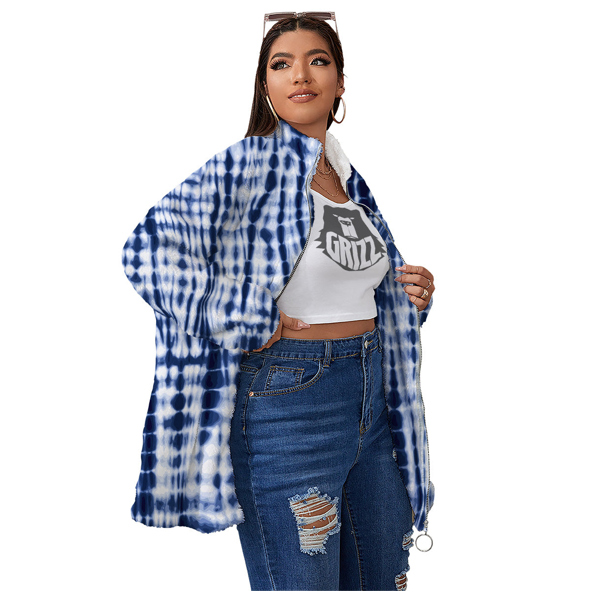 Tie Dye Shibori Blue Print Women's Sherpa Jacket-grizzshop