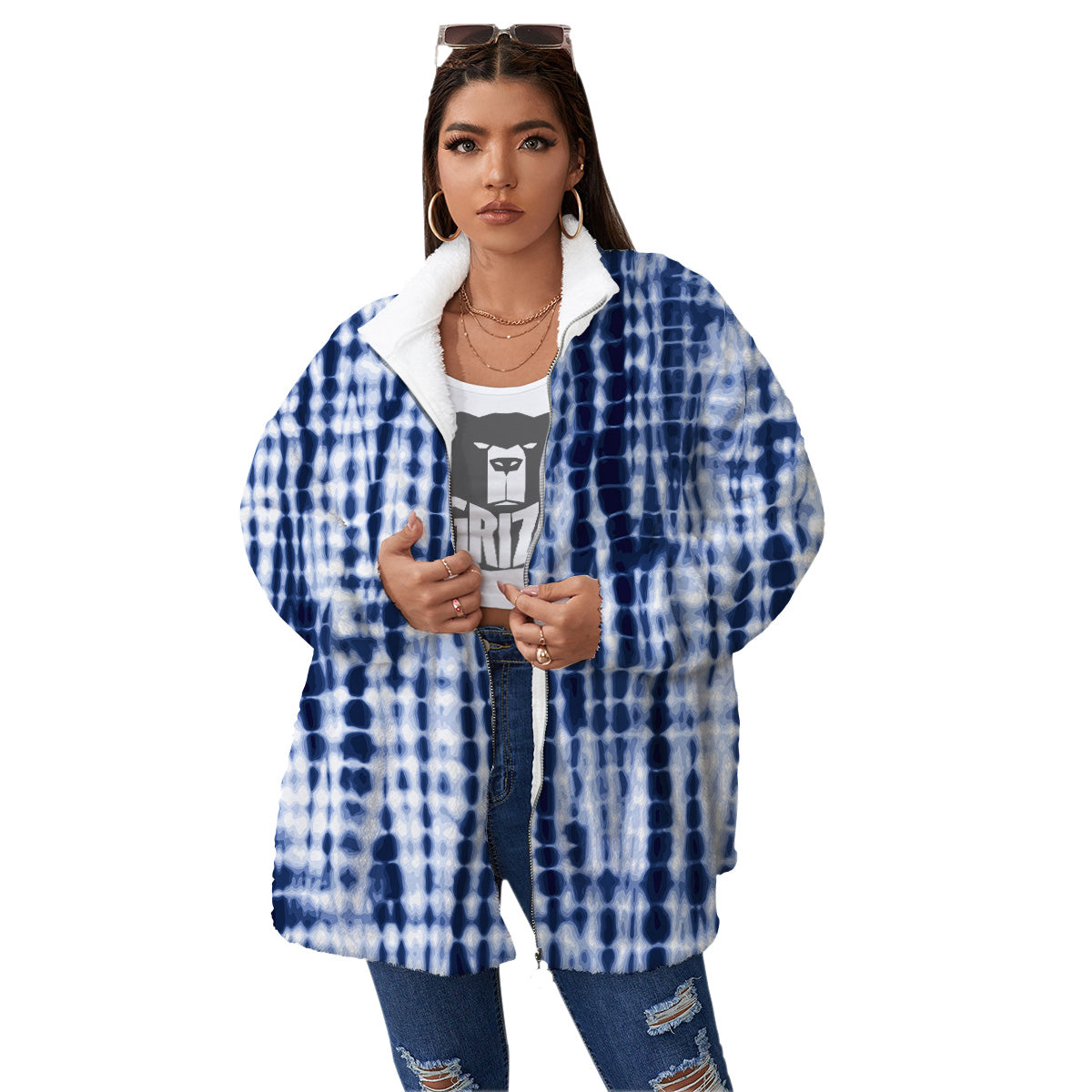 Tie Dye Shibori Blue Print Women's Sherpa Jacket-grizzshop