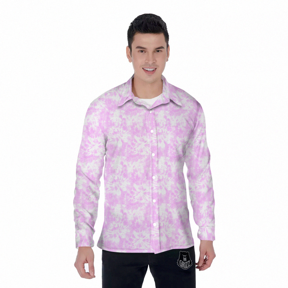 Tie Dye Shibori Pink Print Pattern Men's Long Sleeve Shirts-grizzshop
