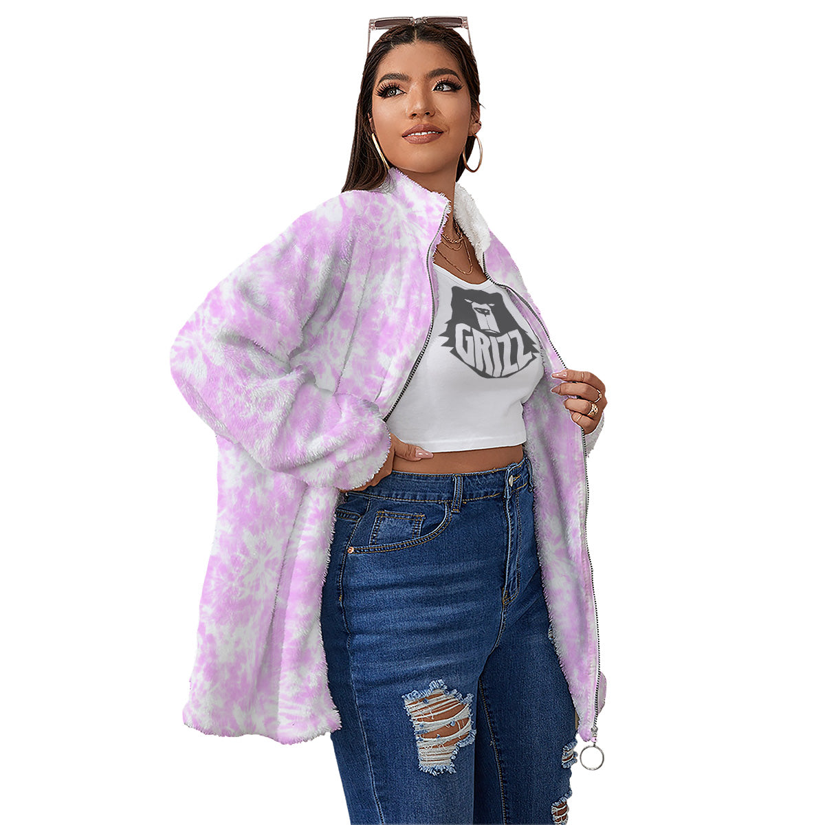 Tie Dye Shibori Pink Print Pattern Women's Sherpa Jacket-grizzshop