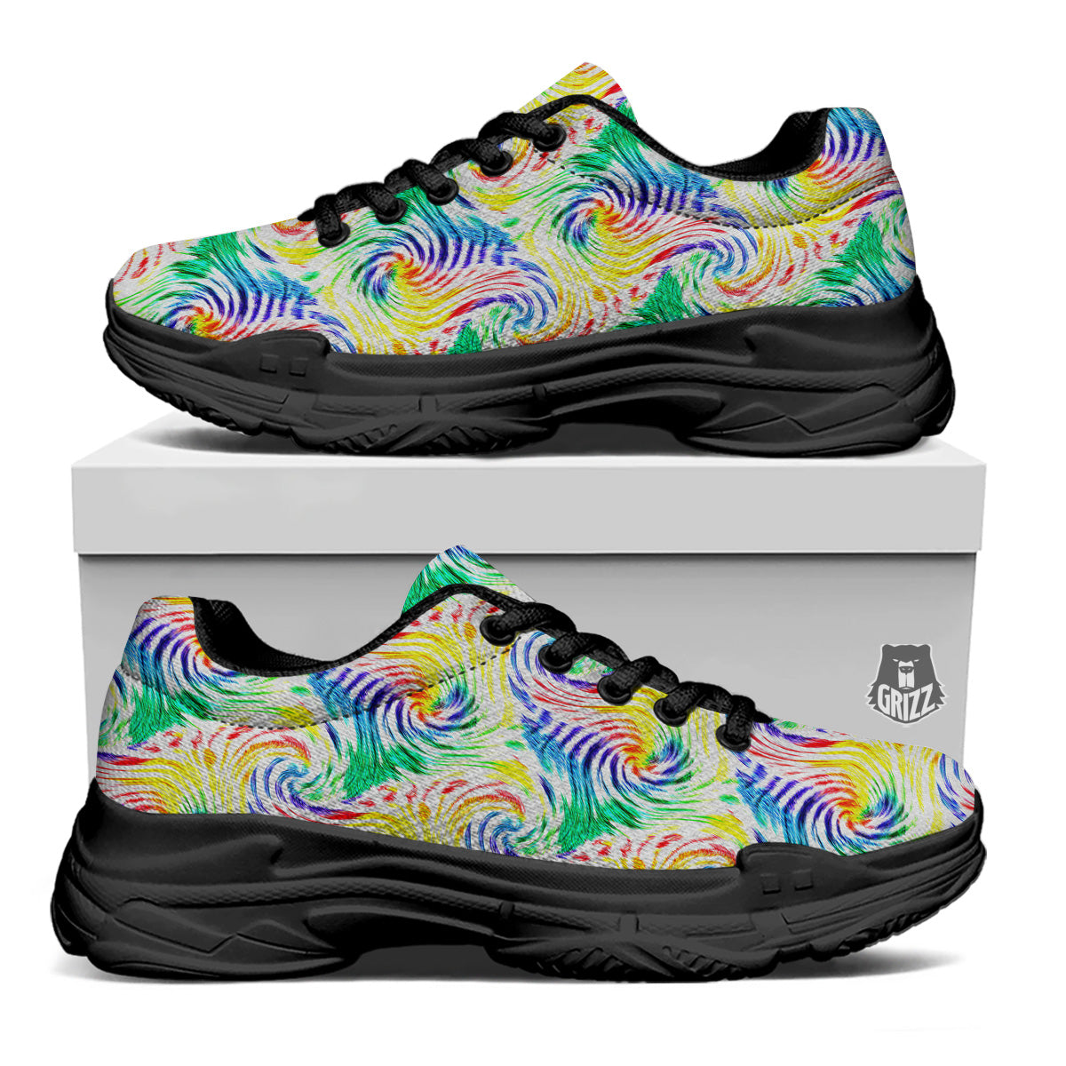 Tie Dye Swirl Colorful Print Pattern Black Chunky Shoes-grizzshop