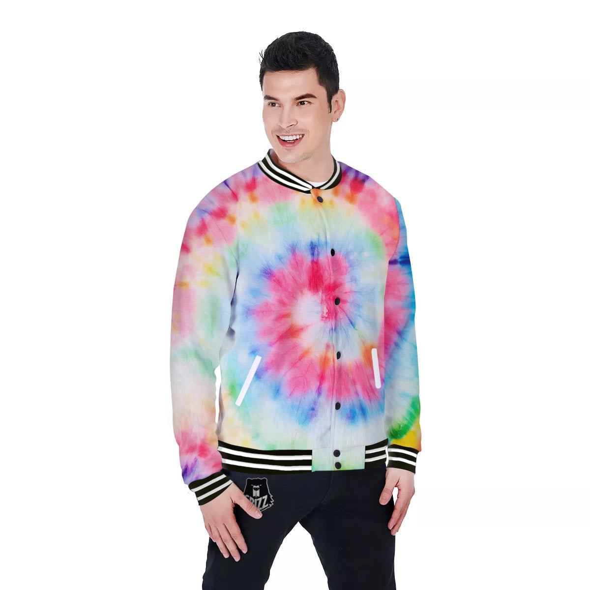 Tie Dye Swirl Print Baseball Jacket-grizzshop