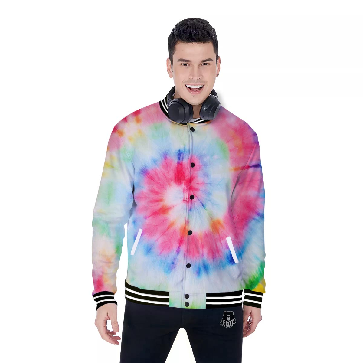 Tie Dye Swirl Print Baseball Jacket-grizzshop