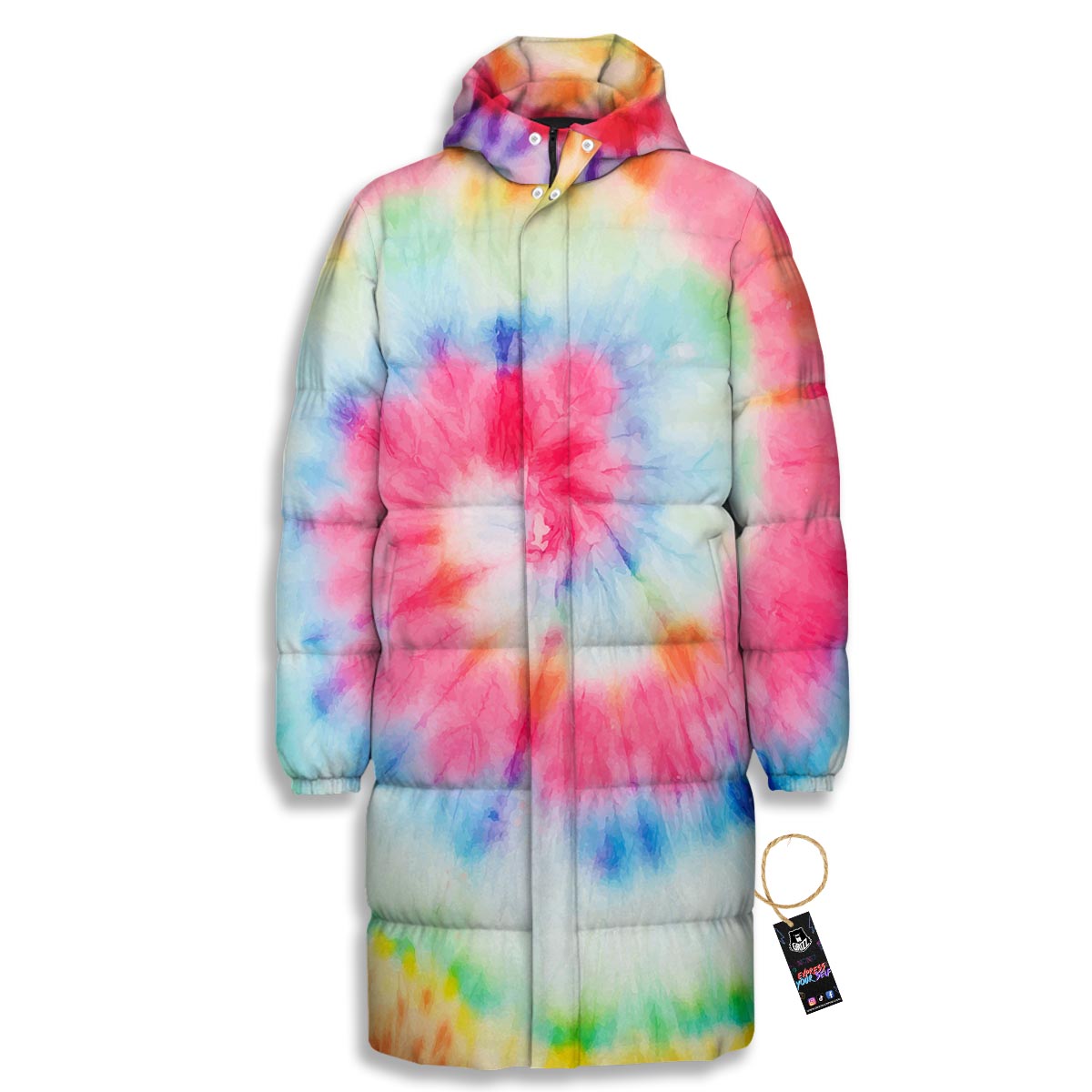 Tie Dye Swirl Print Long Down Jacket-grizzshop