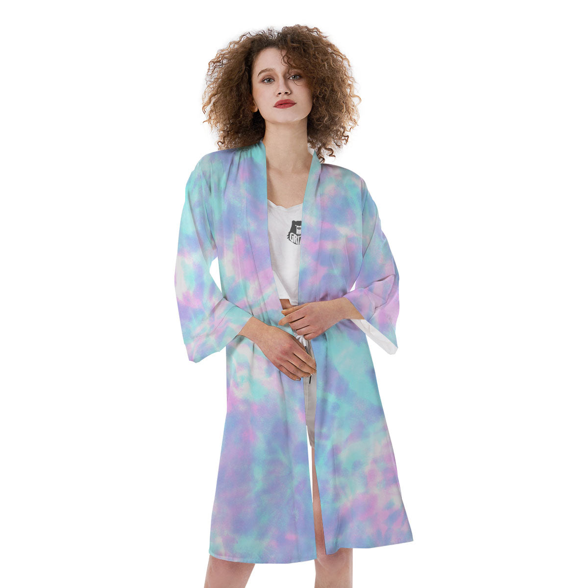 Tie Dye Teal And Pink Print Kimono-grizzshop
