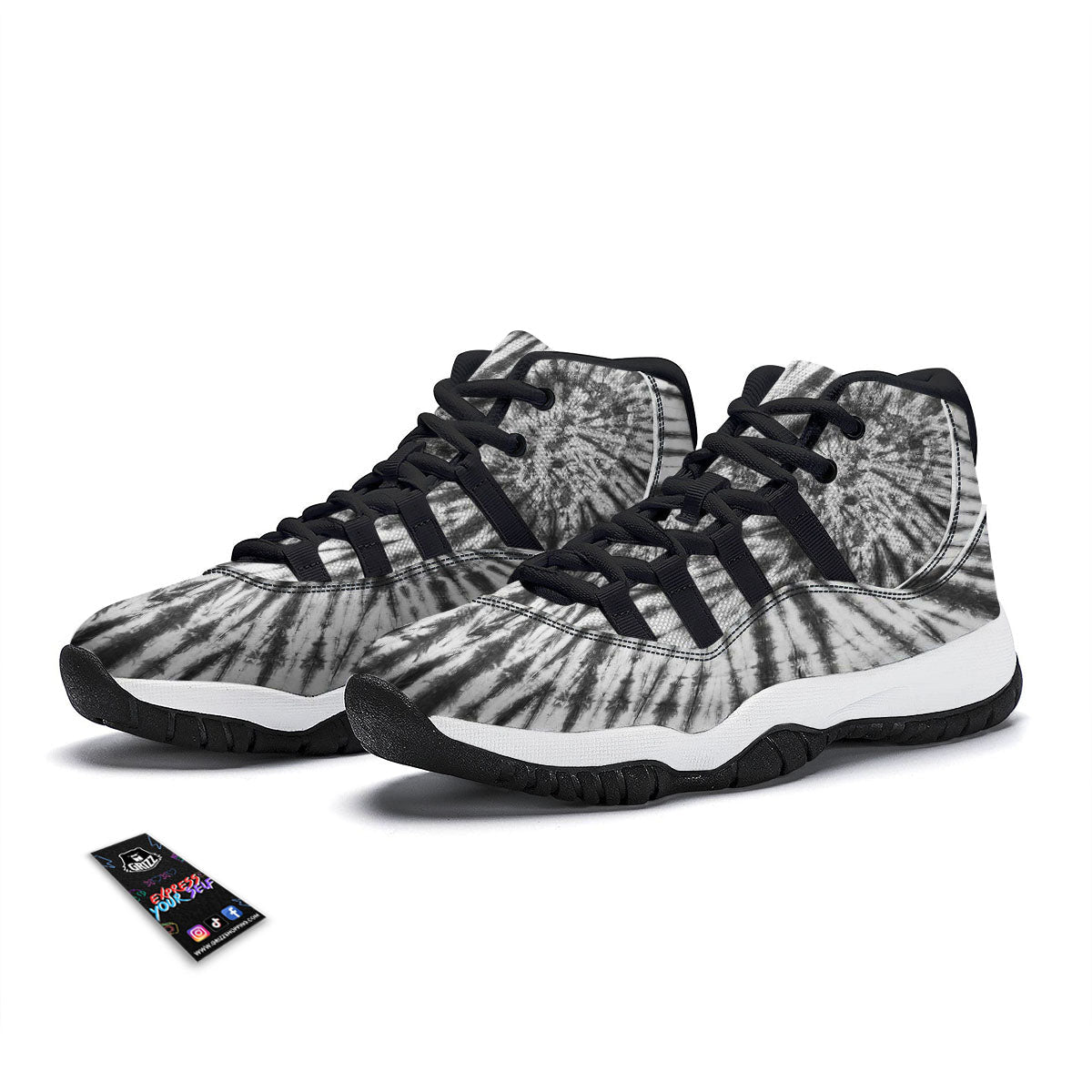 Tie Dye White And Black Print Black Bball Shoes-grizzshop