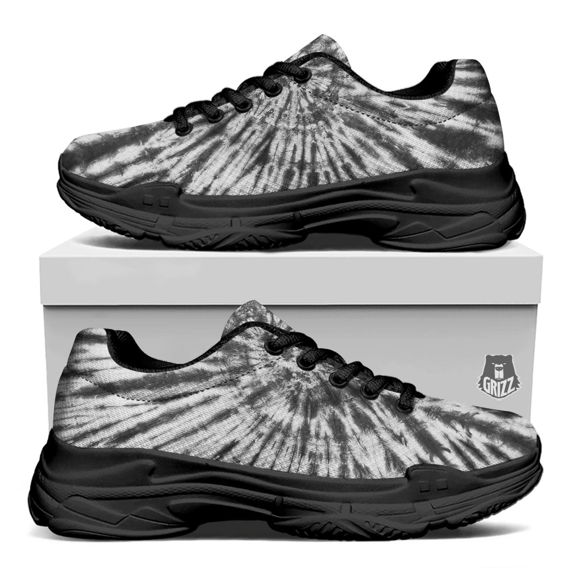 Tie Dye White And Black Print Black Chunky Shoes-grizzshop