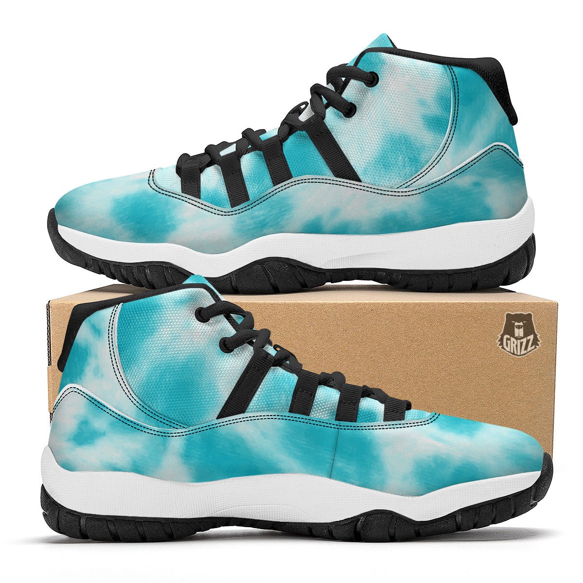 Tie Dye White And Blue Print Black Bball Shoes-grizzshop