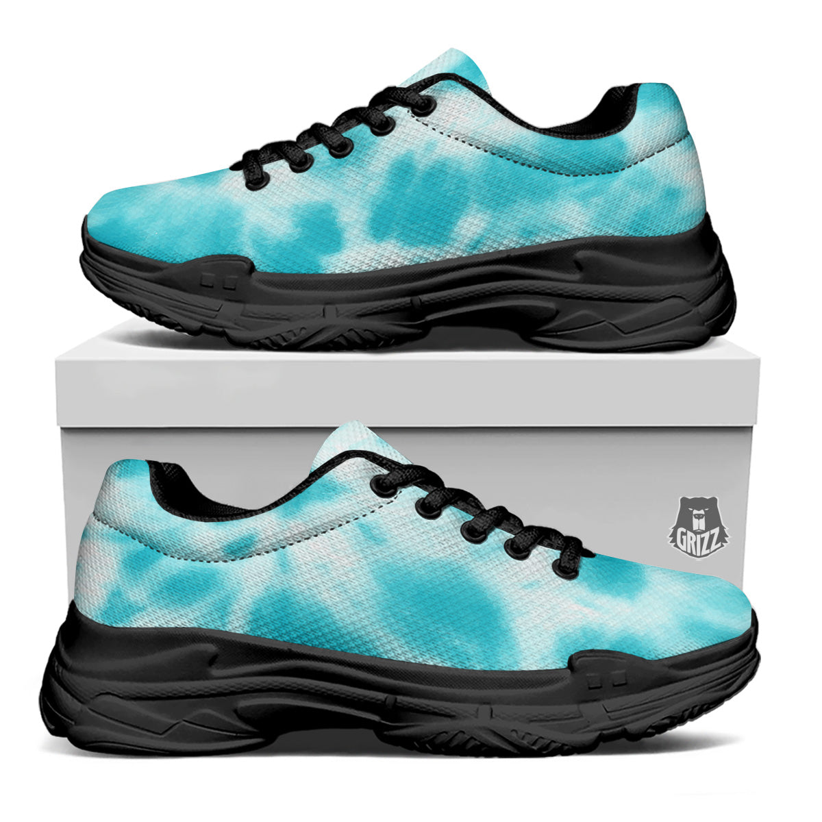 Tie Dye White And Blue Print Black Chunky Shoes-grizzshop