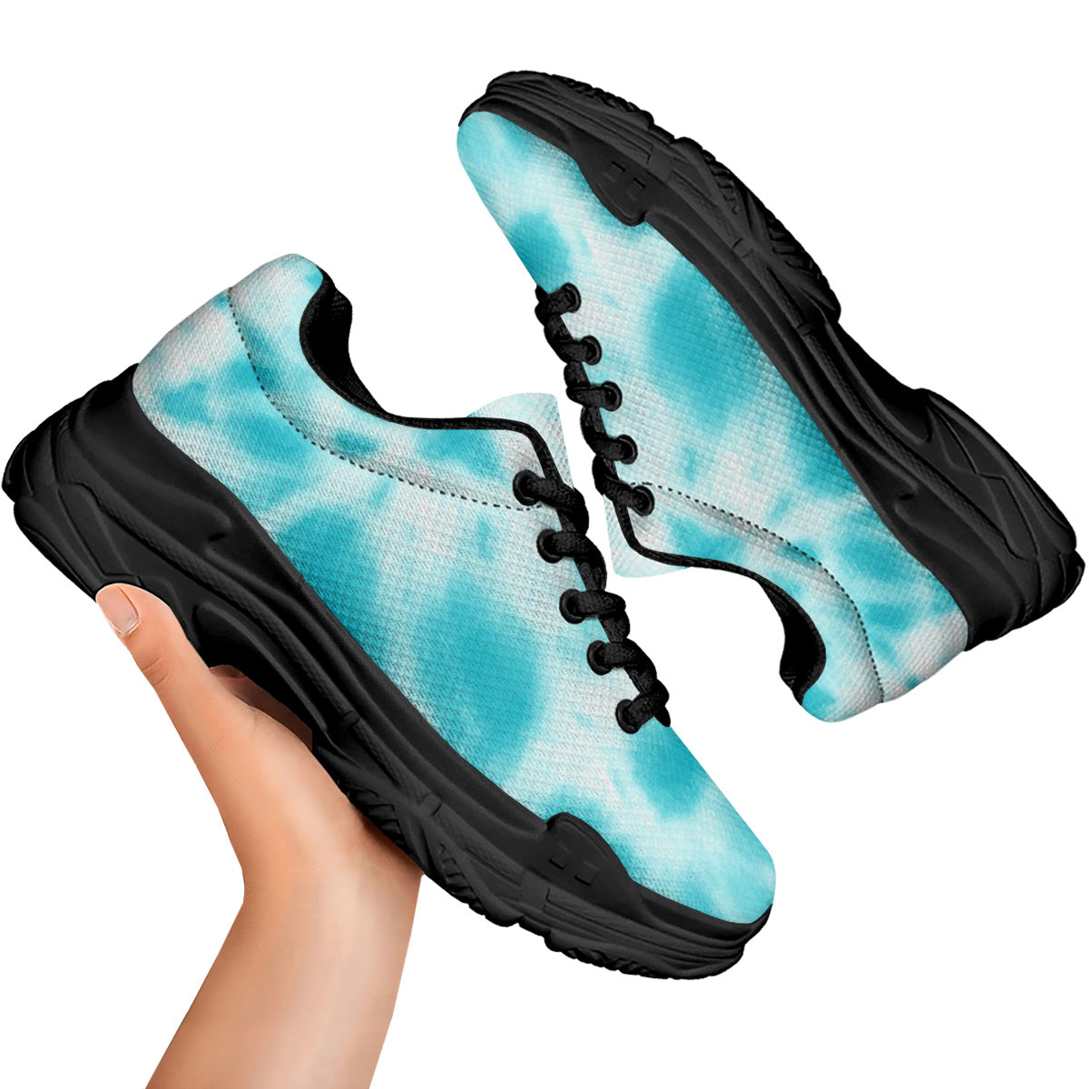 Tie Dye White And Blue Print Black Chunky Shoes-grizzshop