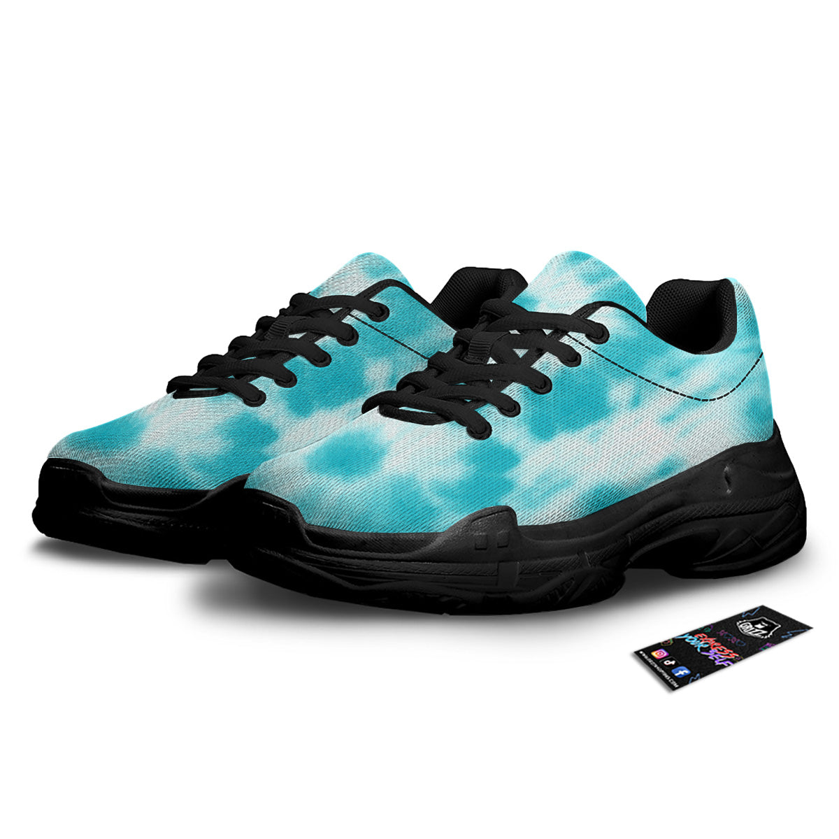 Tie Dye White And Blue Print Black Chunky Shoes-grizzshop