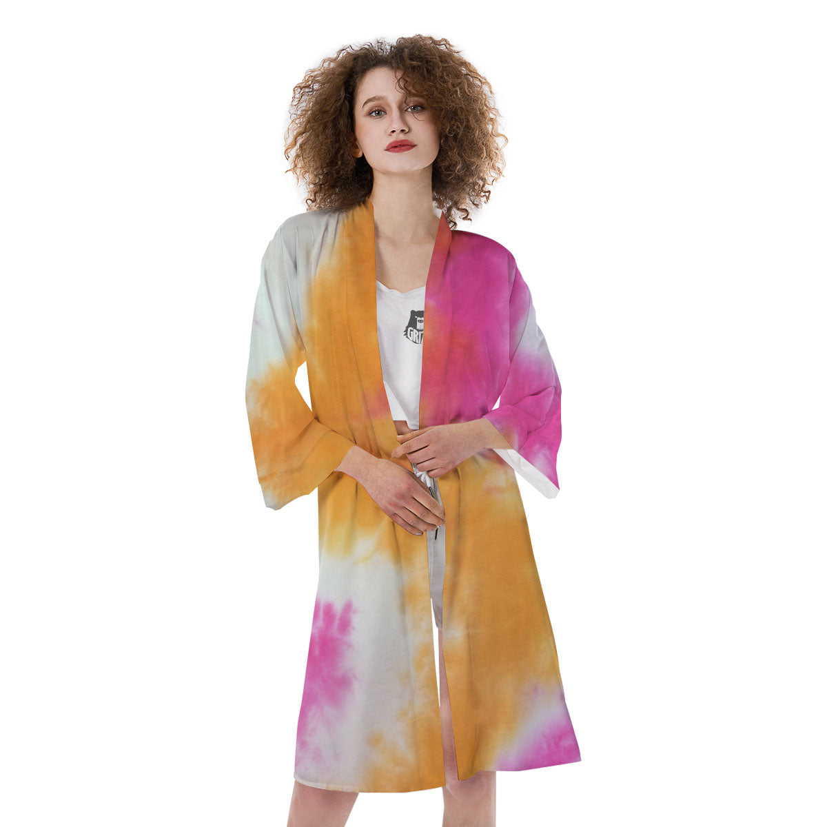 Tie Dye Yellow And Pink Print Kimono-grizzshop
