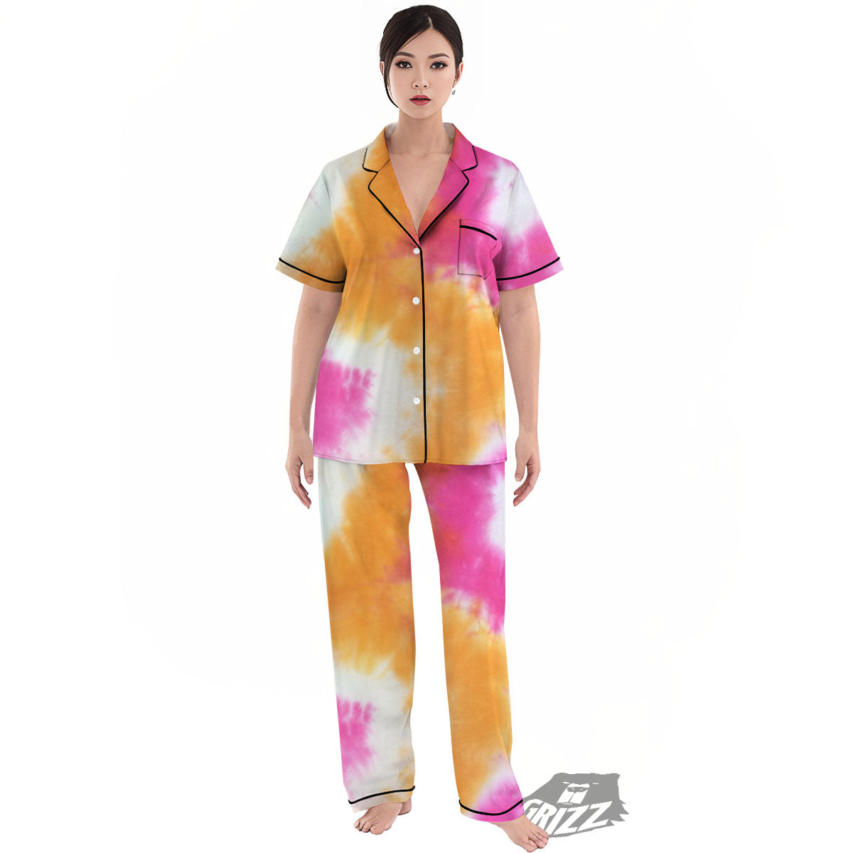 Tie Dye Yellow And Pink Print Women's Pajamas Set-grizzshop