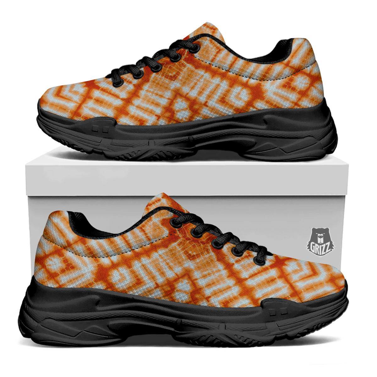 Tie Dye Zigzag Orange Watercolor Print Black Chunky Shoes-grizzshop
