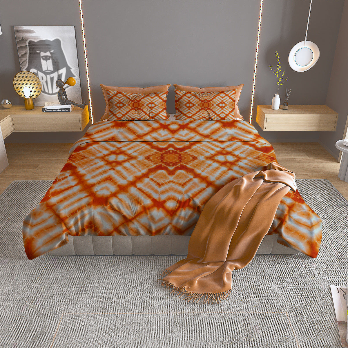 Tie Dye Zigzag Orange Watercolor Print Duvet Cover Bedding Set