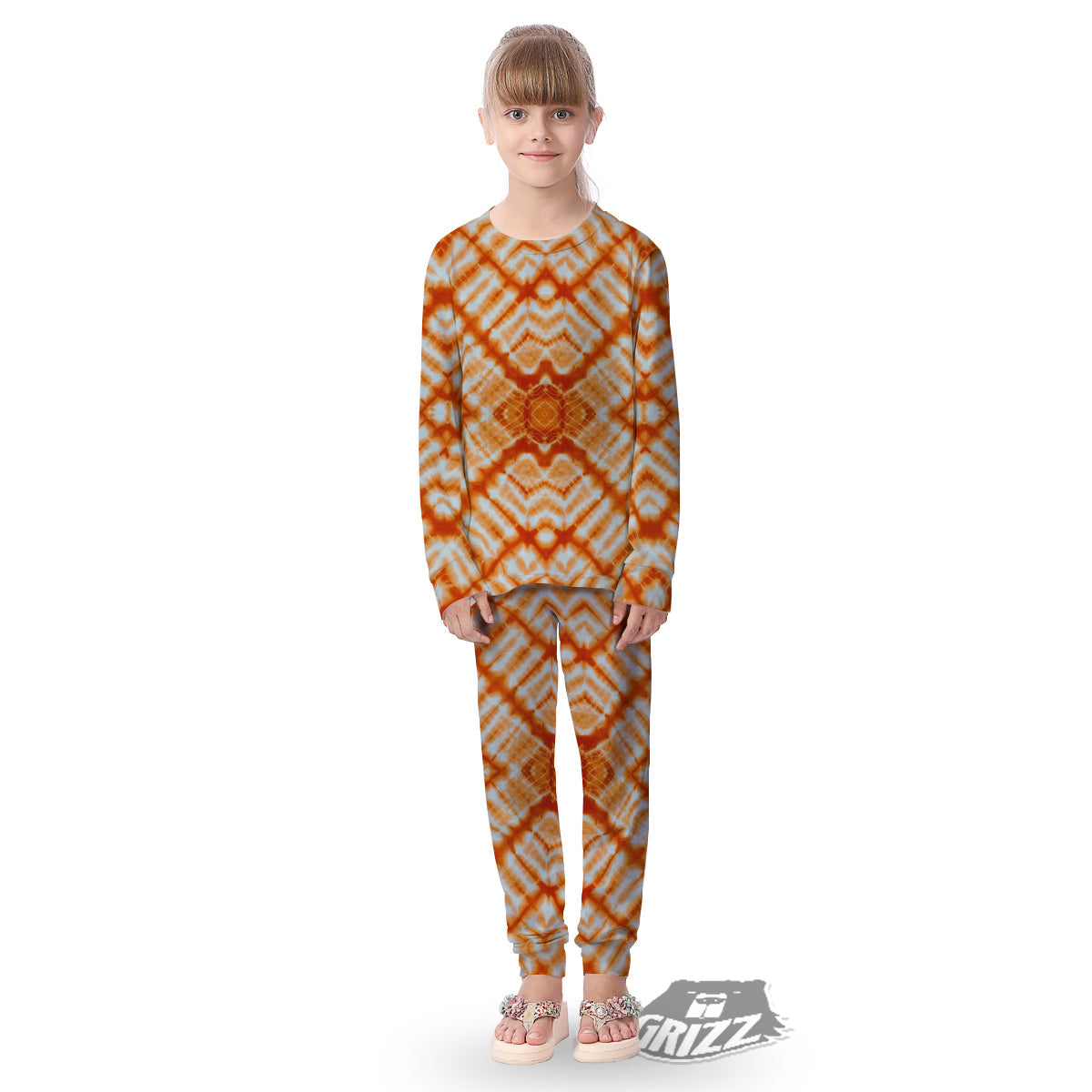 Tie Dye Zigzag Orange Watercolor Print Kid's Pajamas-grizzshop