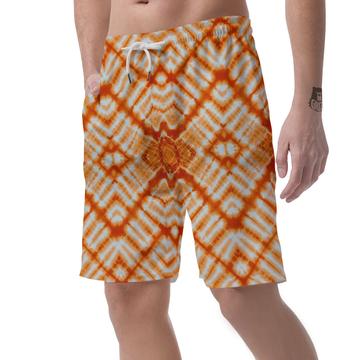 Tie Dye Zigzag Orange Watercolor Print Men's Shorts-grizzshop