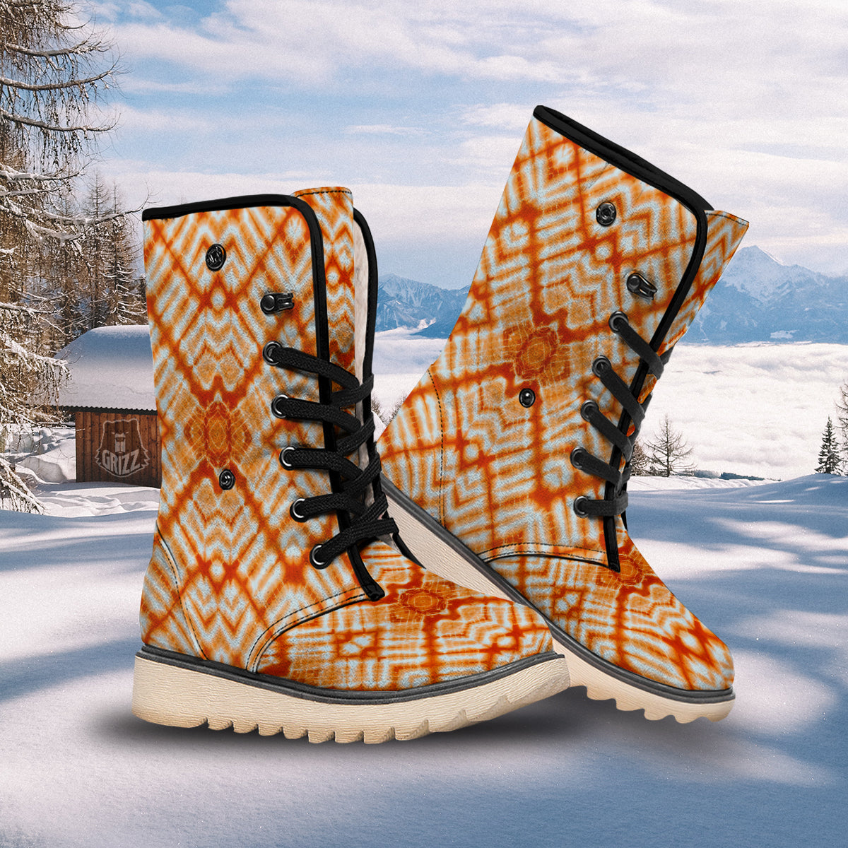 Tie Dye Zigzag Orange Watercolor Print Snow Boots-grizzshop