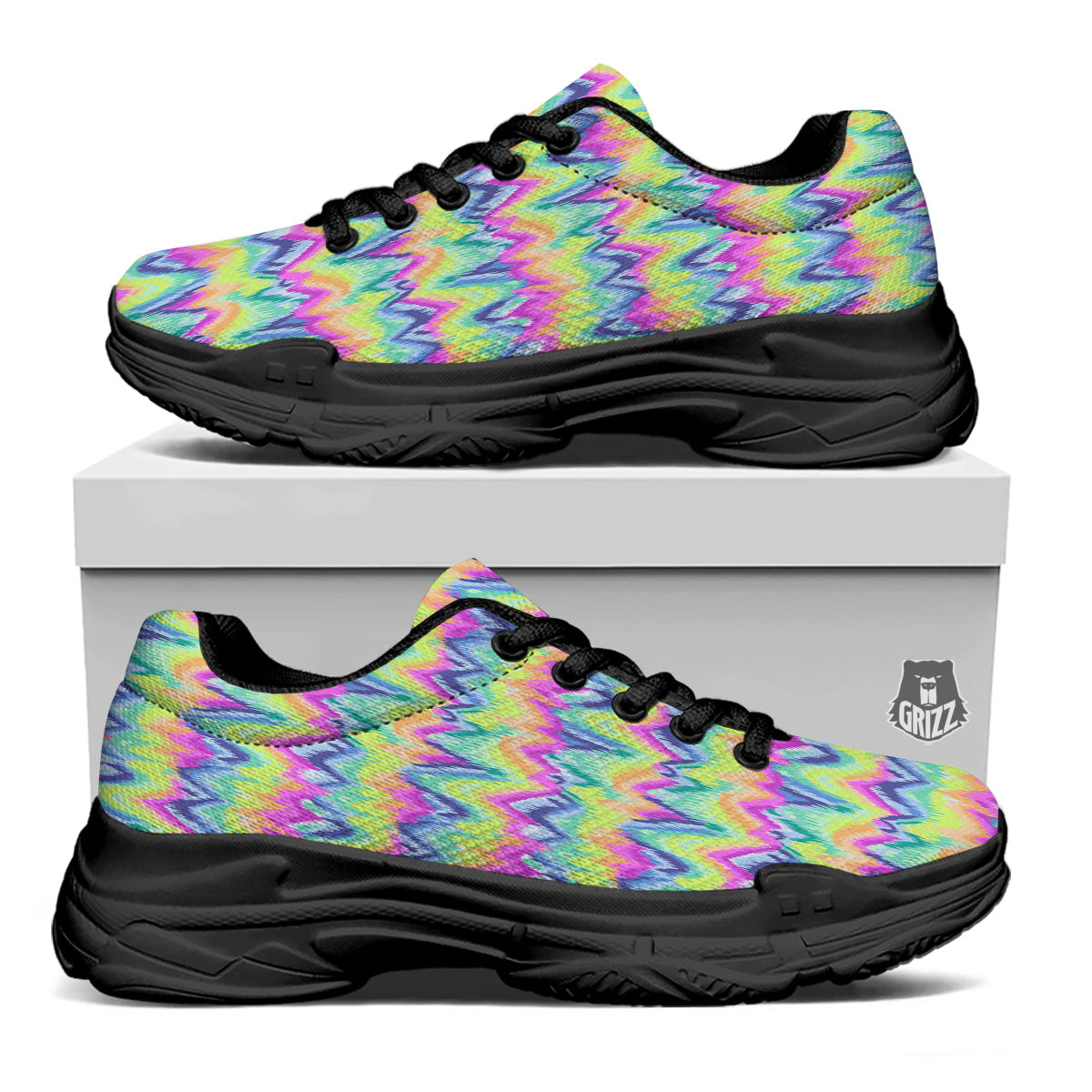 Tie Dye Zigzag Rainbow Print Pattern Black Chunky Shoes-grizzshop