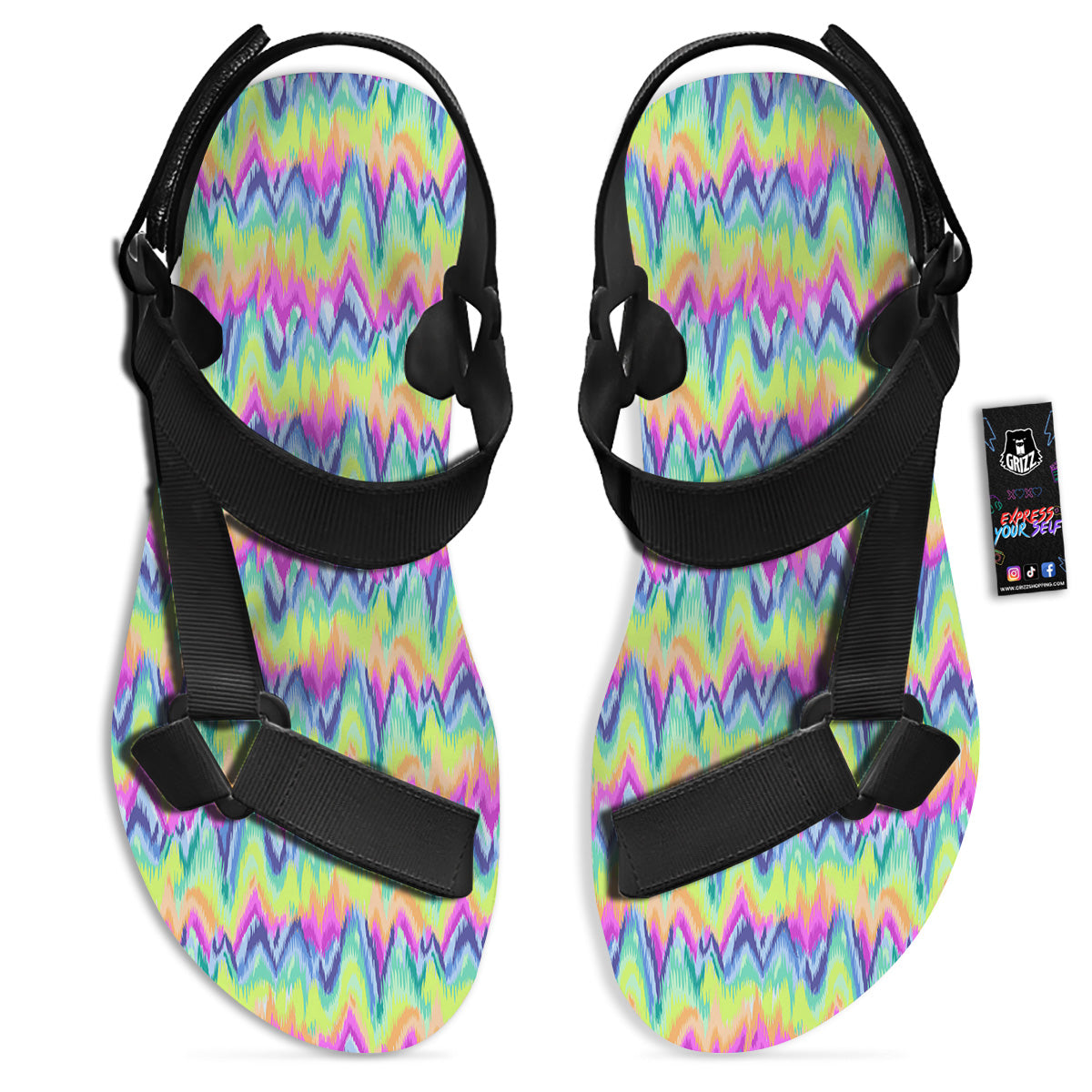 Tie Dye Zigzag Rainbow Print Pattern Black Open Toe Sandals-grizzshop