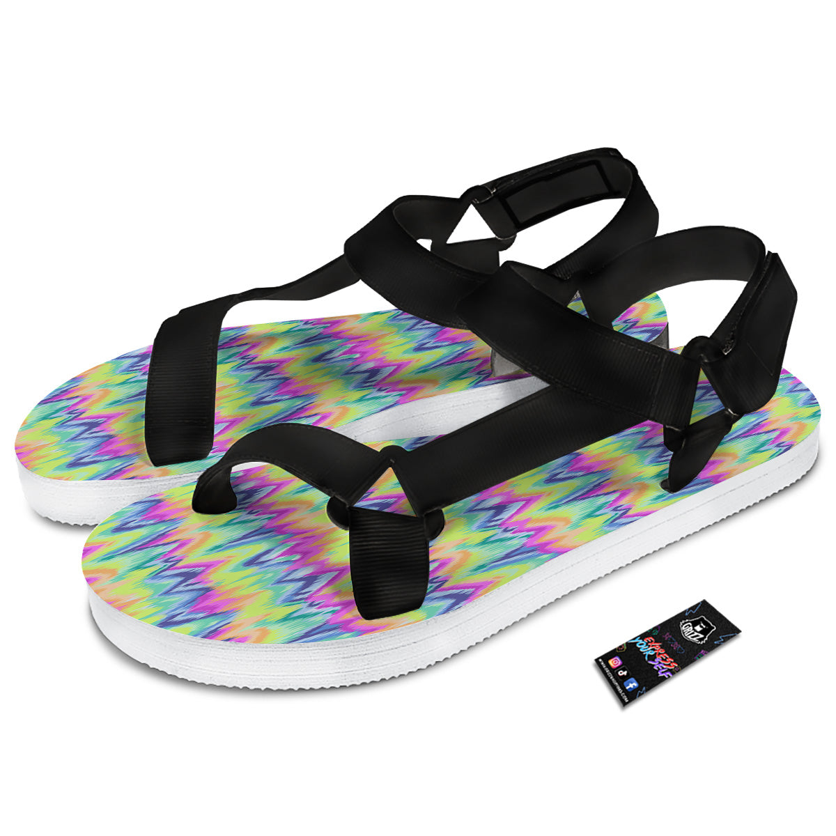 Tie Dye Zigzag Rainbow Print Pattern Black Open Toe Sandals-grizzshop