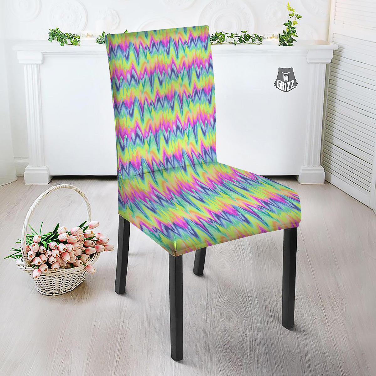 Tie Dye Zigzag Rainbow Print Pattern Dining Chair Slipcover-grizzshop